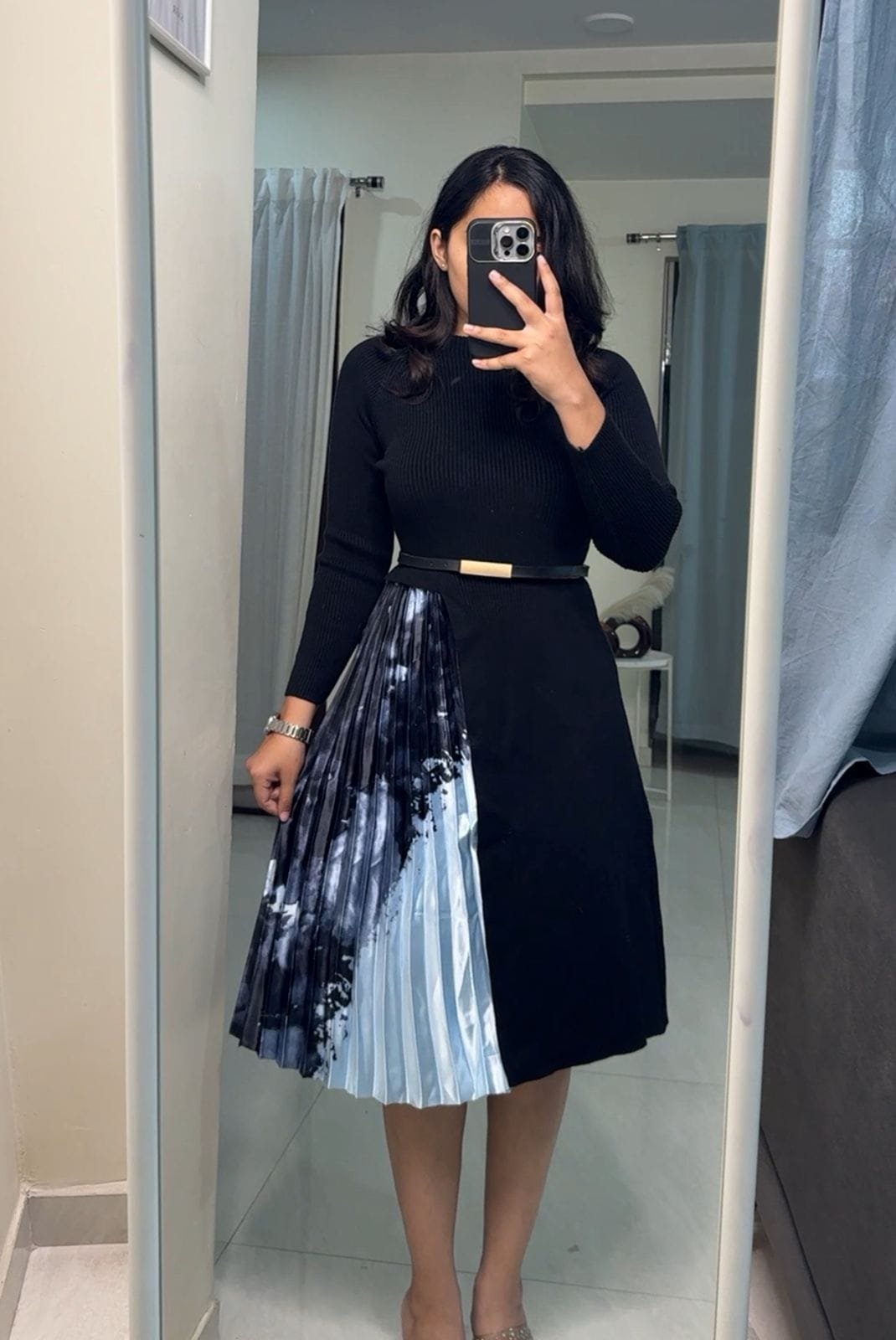 Welda Knit & Satin Panel Dress - Blue image