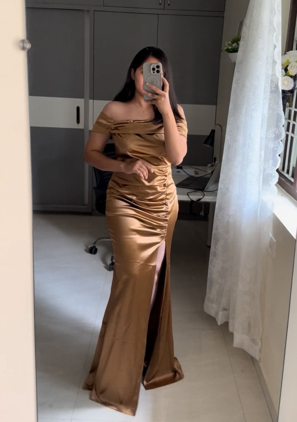 Satin Off Shoulder Dress image 1