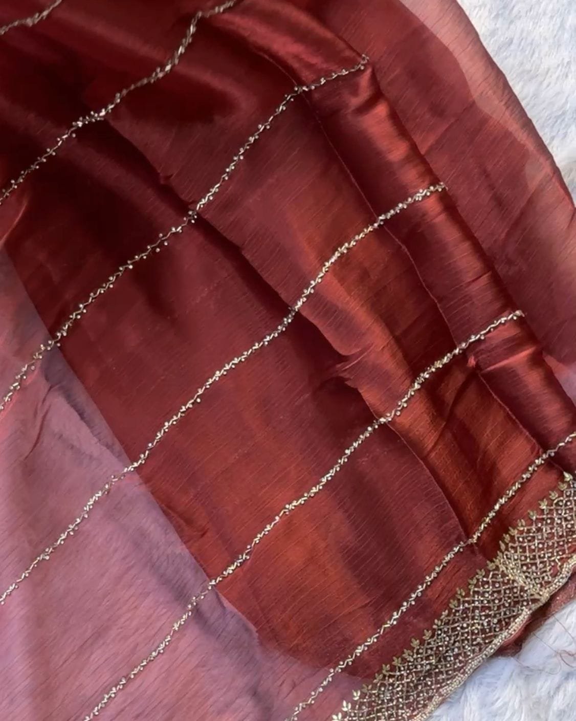 Premium Organza Silk Shimmer Sarees - Brick Red image