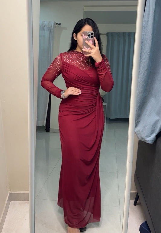 Timmy Ruched Mesh Sleeved Gown