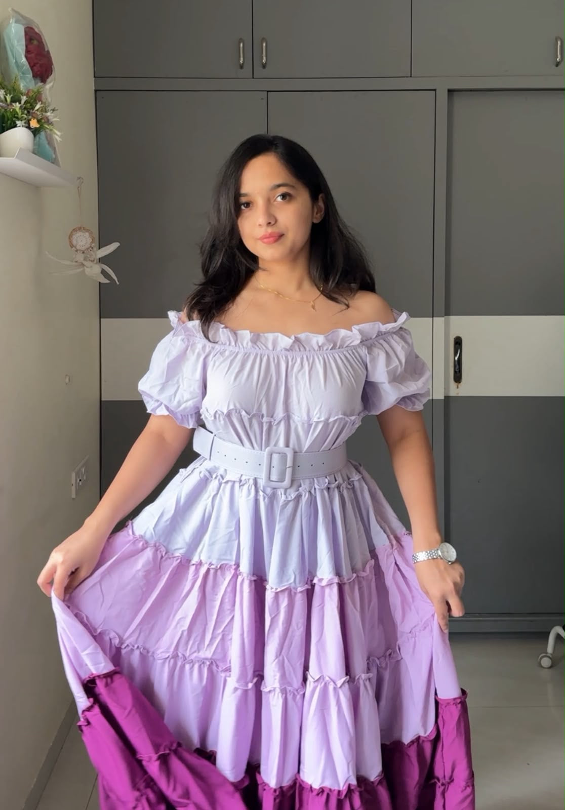 Colorblock Ruffled Off-Shoulder Gown