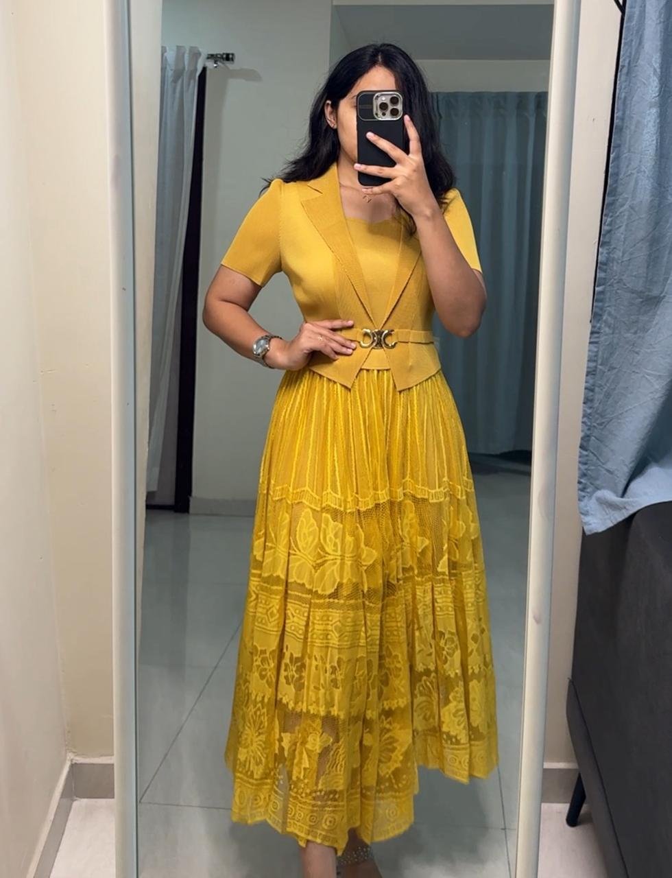 Una Pleated Lace Dress - Yellow image