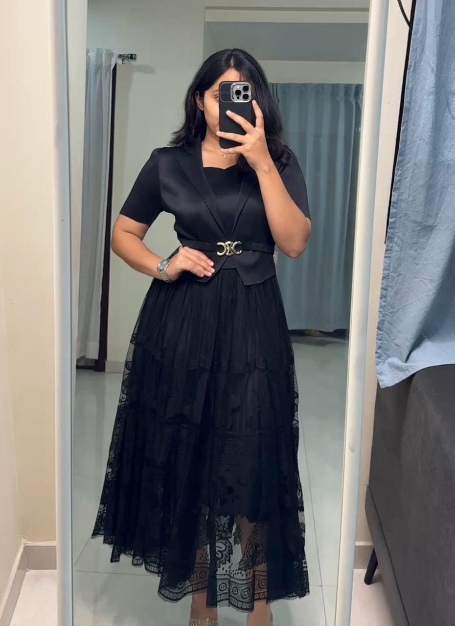Una Pleated Lace Dress - Black image