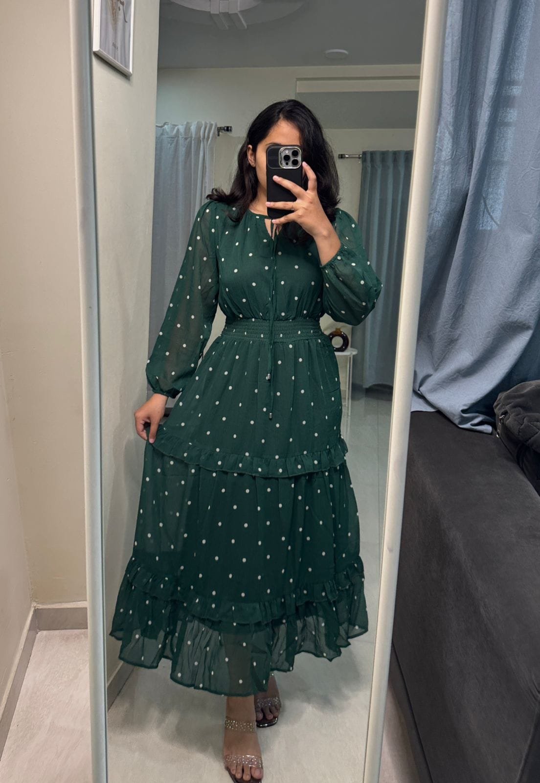 Polka Dot Georgette Dress - Dark Green image