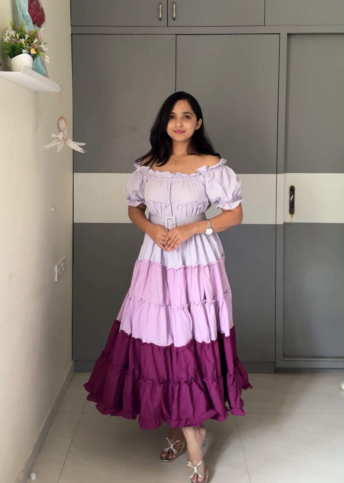 Colorblock Ruffled Off-Shoulder Gown