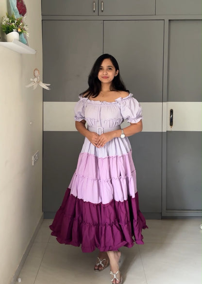 Colorblock Ruffled Off-Shoulder Gown
