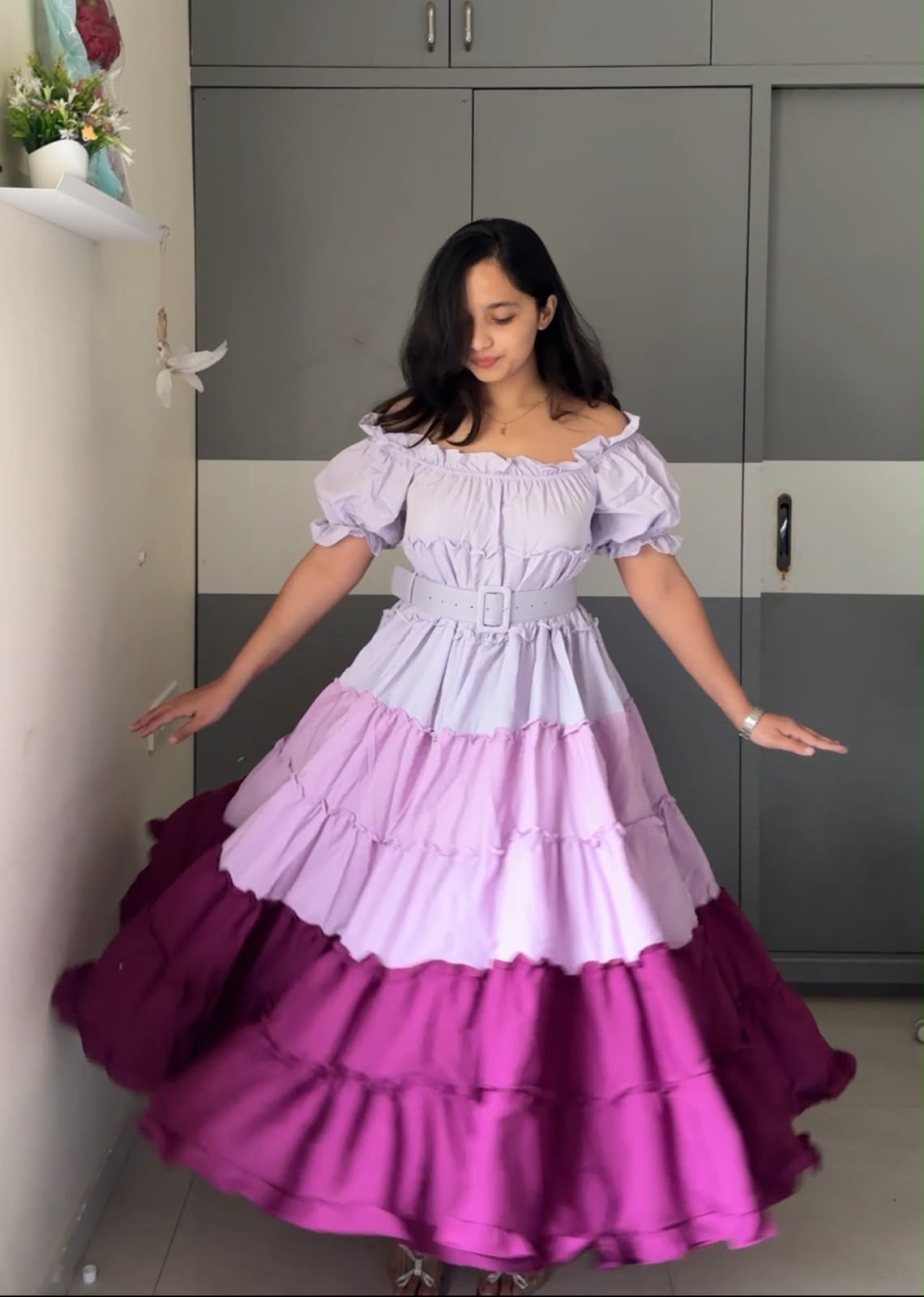 Colorblock Ruffled Off-Shoulder Gown