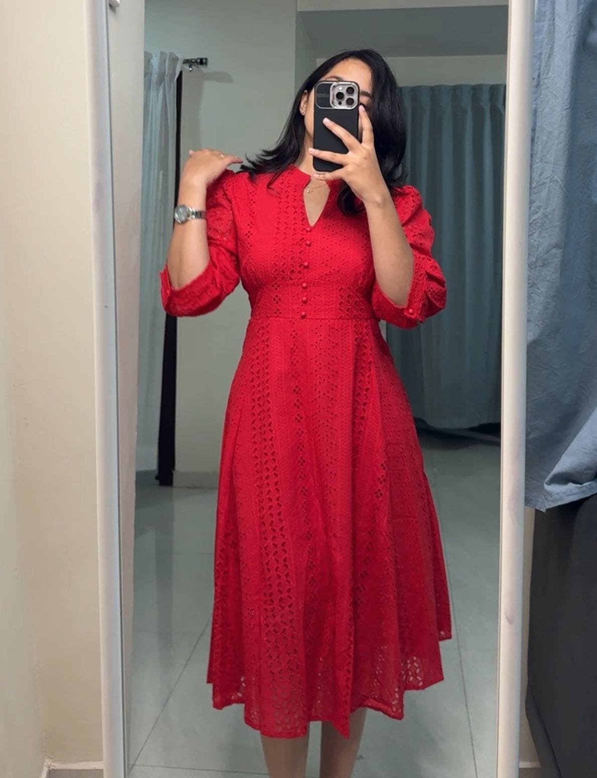 Remi Cotton Cutwork Midi Dress - Red, M image