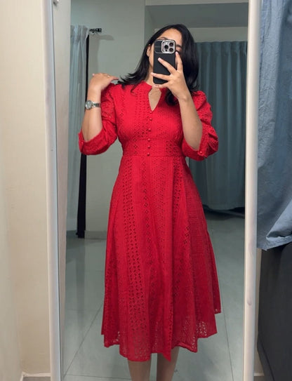 Remi Cotton Cutwork Midi Dress - Red, M image