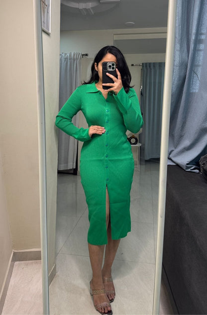 Knit Button Down Dress - Green image