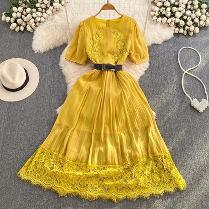Katie Lace Pleated Dress - Yellow image