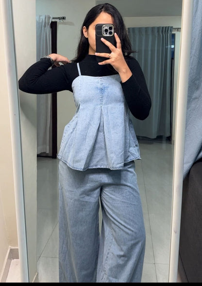 Denim Peplum Top & Wide Leg Pants Set image 4