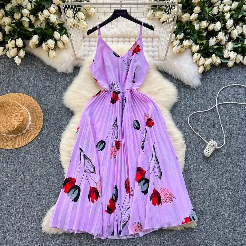 Nia Floral Pleated Dress - Lilac image