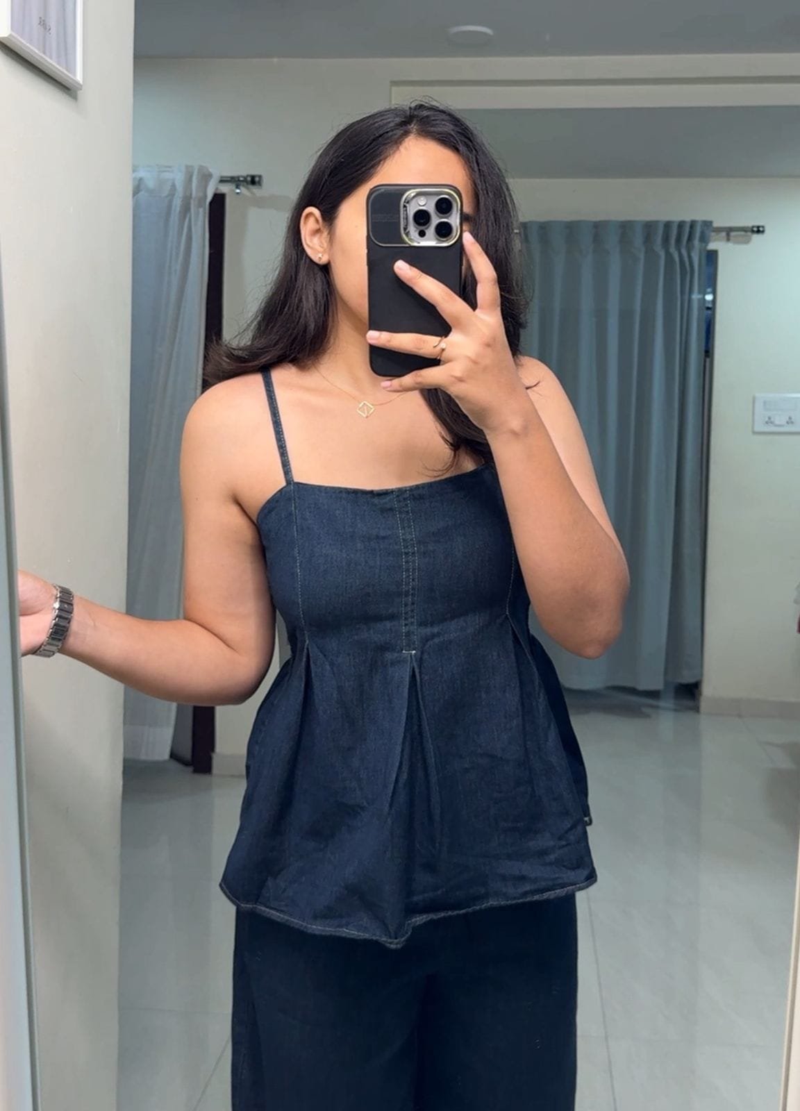 Denim Peplum Top & Wide Leg Pants Set image 1