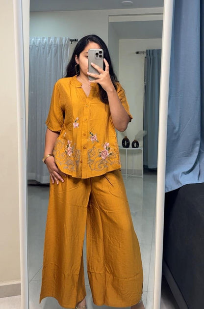 Erica Silk Embroidered Co-Ords - Mustard image