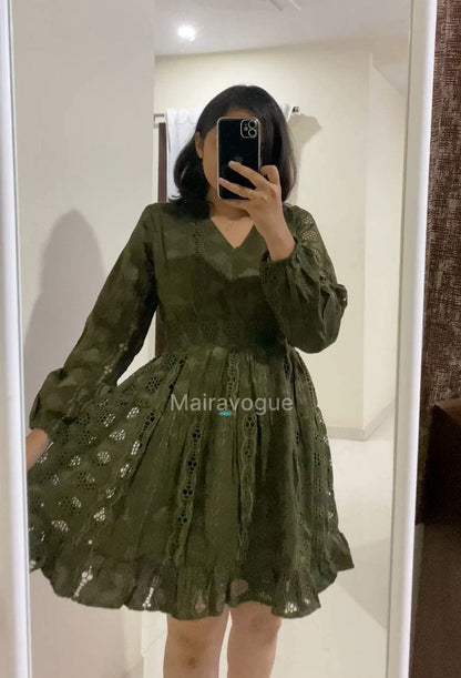 Cotton Cutwork Midi Dress - Olive image