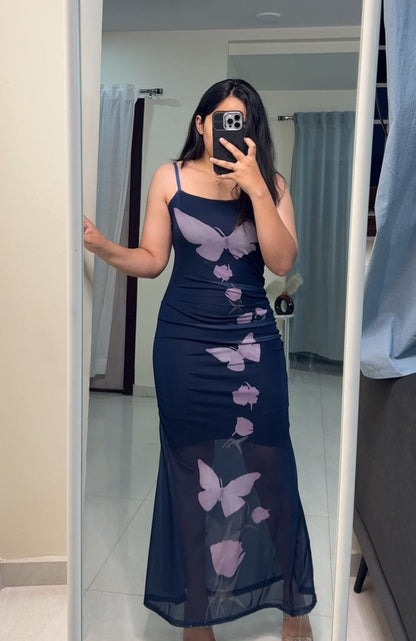 Butterfly Printed Mesh Bodycons - Navy Blue image