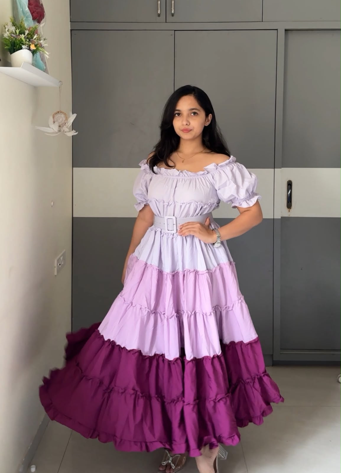 Colorblock Ruffled Off-Shoulder Gown