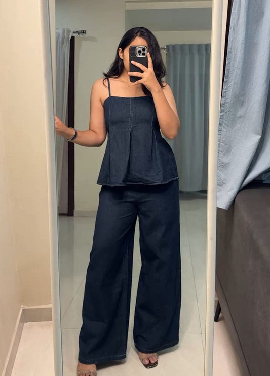 Denim Peplum Top & Wide Leg Pants Set image 0