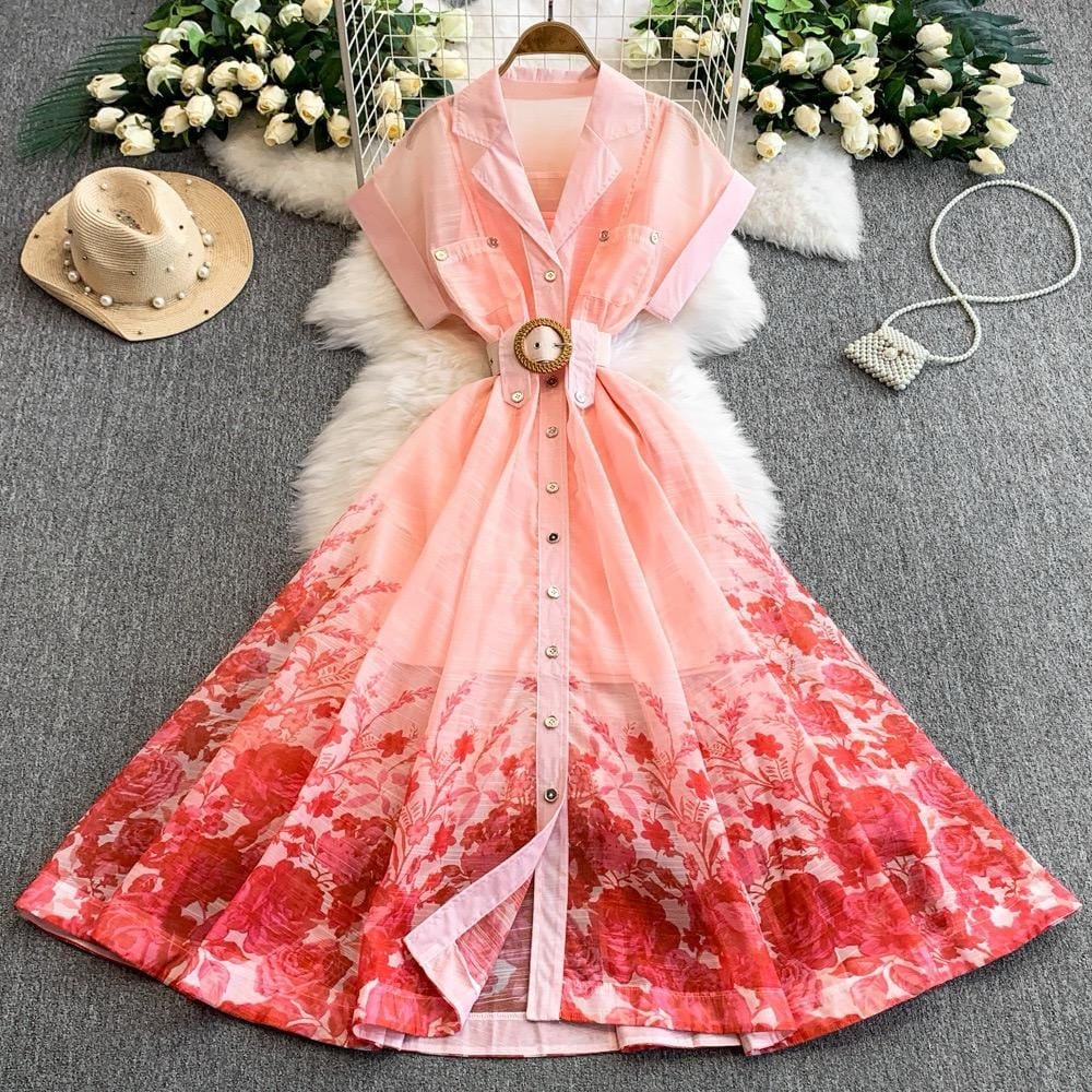 Miley Floral Printed A-Line Dress - Peach image