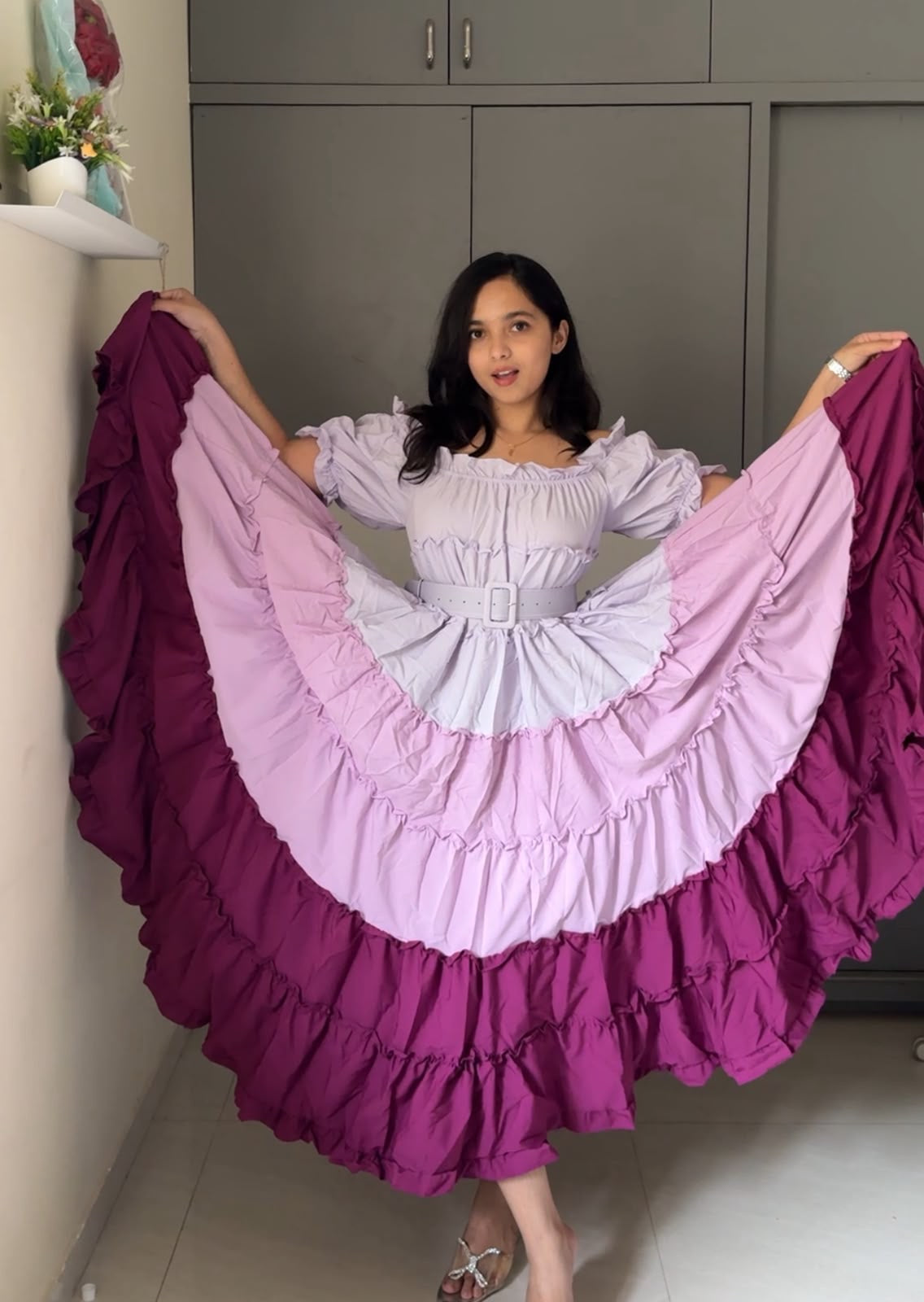 Colorblock Ruffled Off-Shoulder Gown