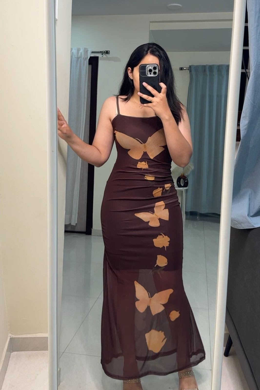 Butterfly Printed Mesh Bodycons - Brown image