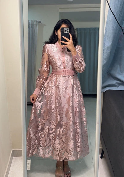 Perla Exquisite Belted Lace Dress - Peach image