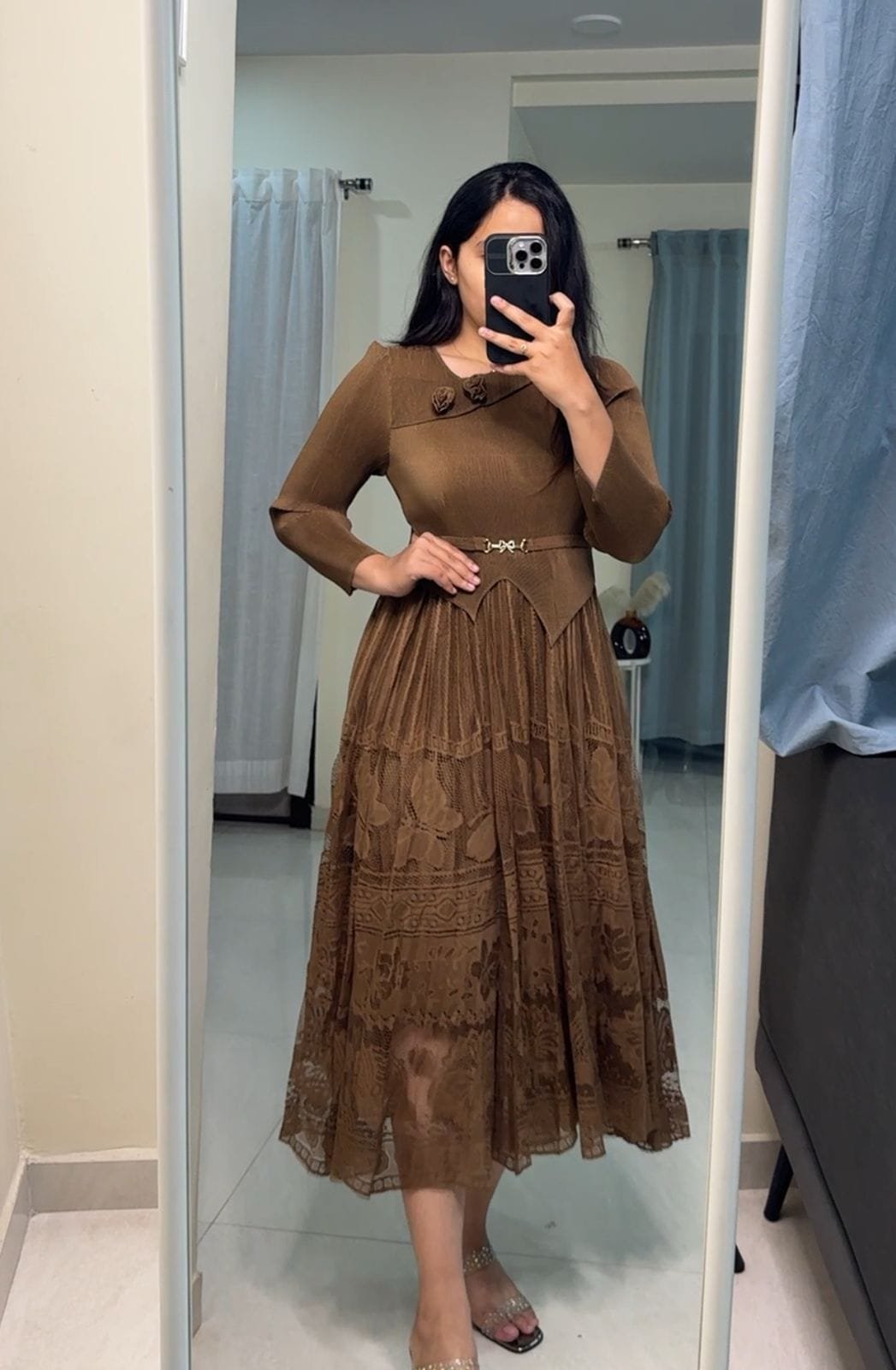 Maren Pleated Lace Dress - Brown image