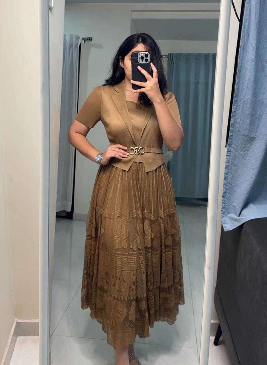 Una Pleated Lace Dress - Brown image