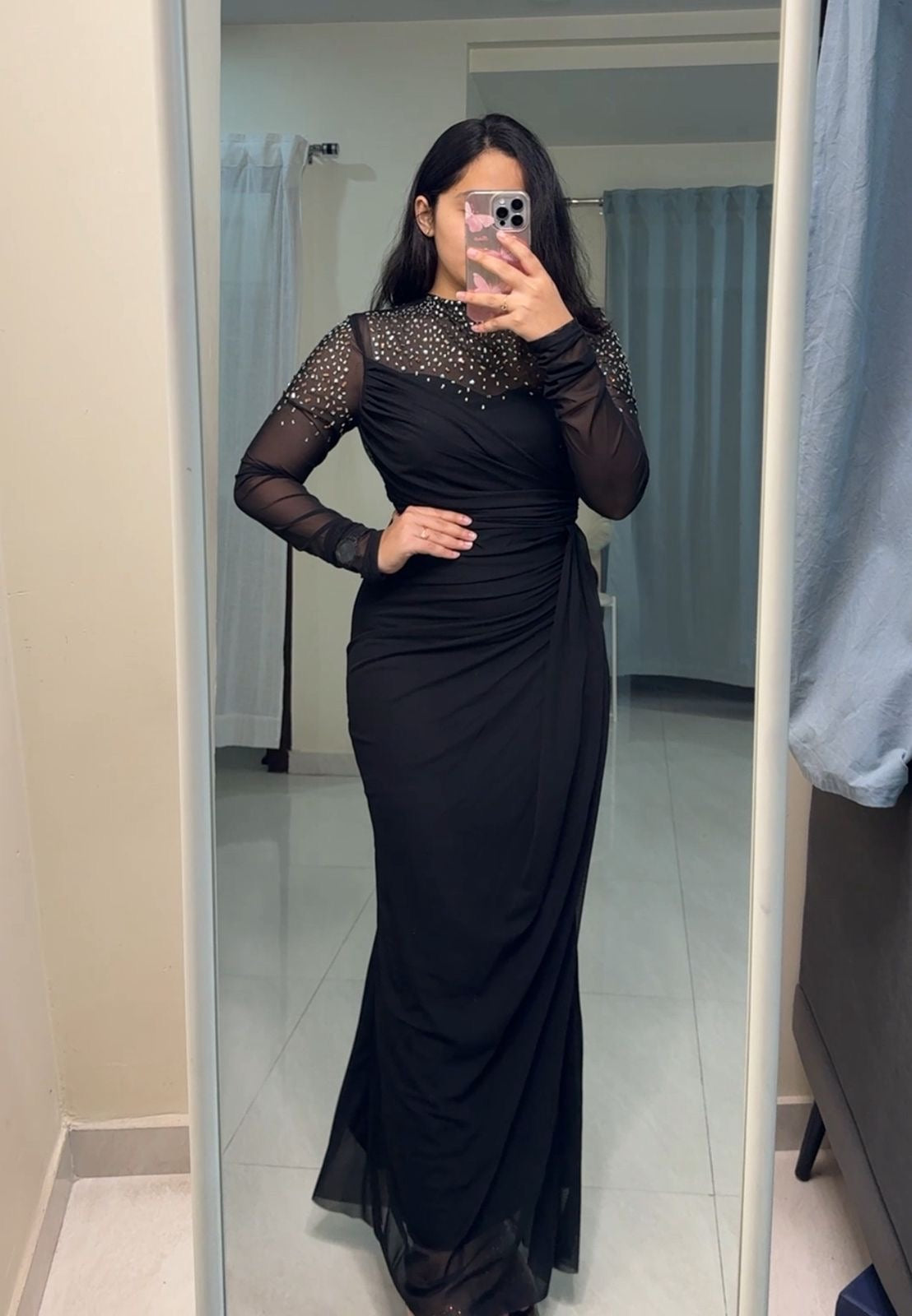 Timmy Ruched Mesh Sleeved Gown