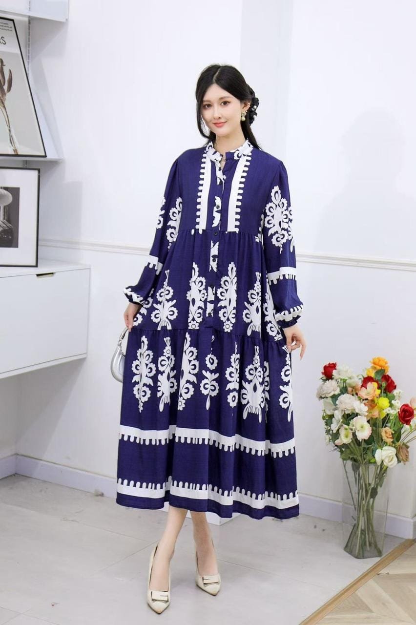 Cali Cotton Printed Dress - Navy Blue image