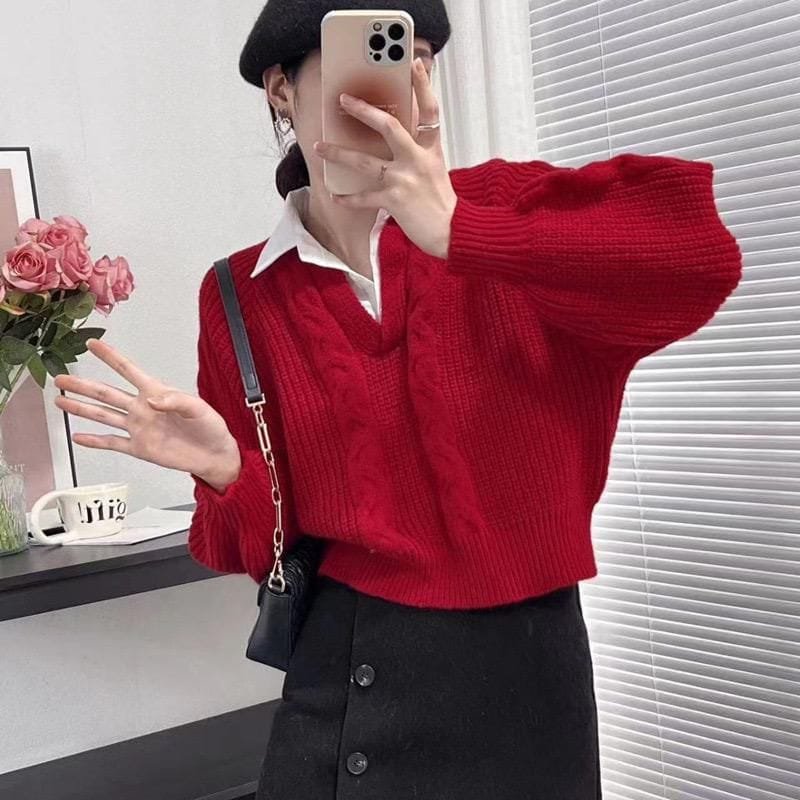 Chen Fake Collar Sweaters - Red image