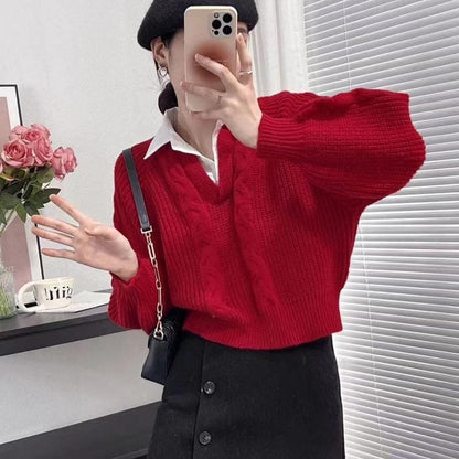 Chen Fake Collar Sweaters - Red image