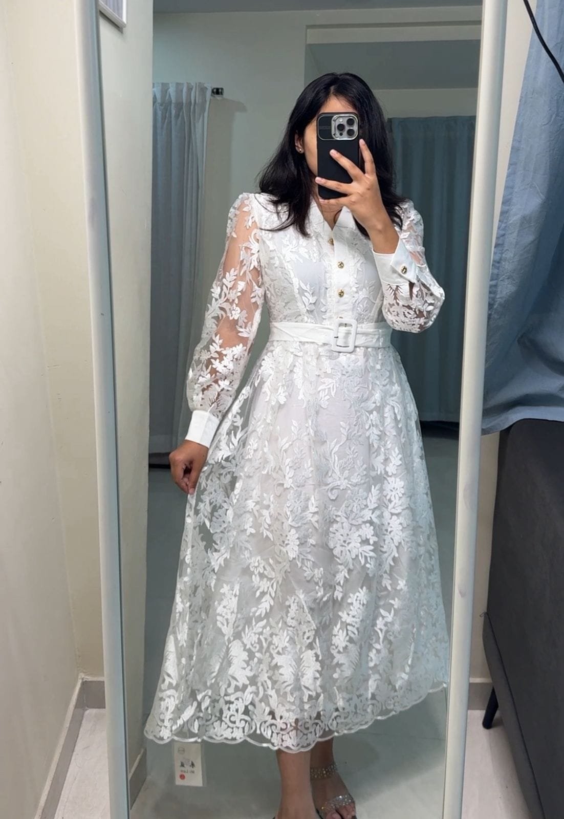 Perla Exquisite Belted Lace Dress - White image