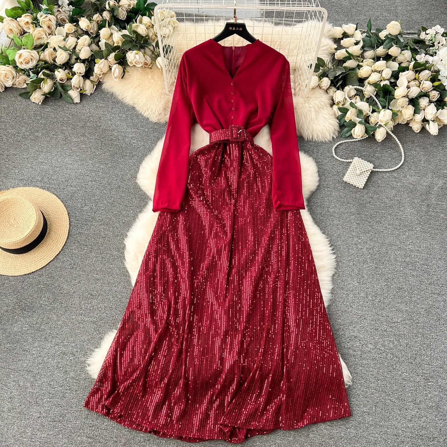 Bethany Sequin Dress - Maroon image