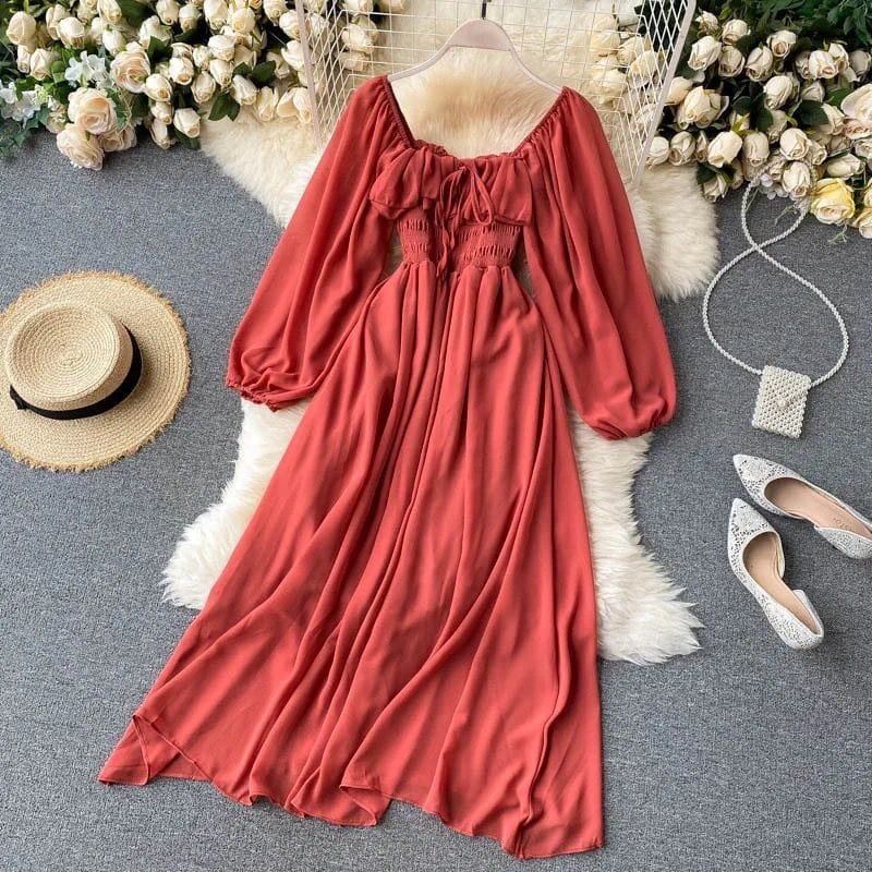 Zoe Bubble Sleeves Dress - Brick Red image