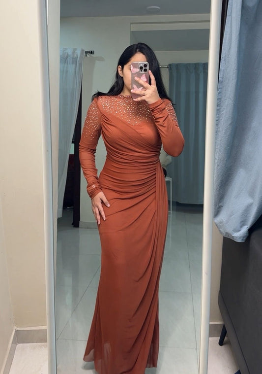 Timmy Ruched Mesh Sleeved Gown