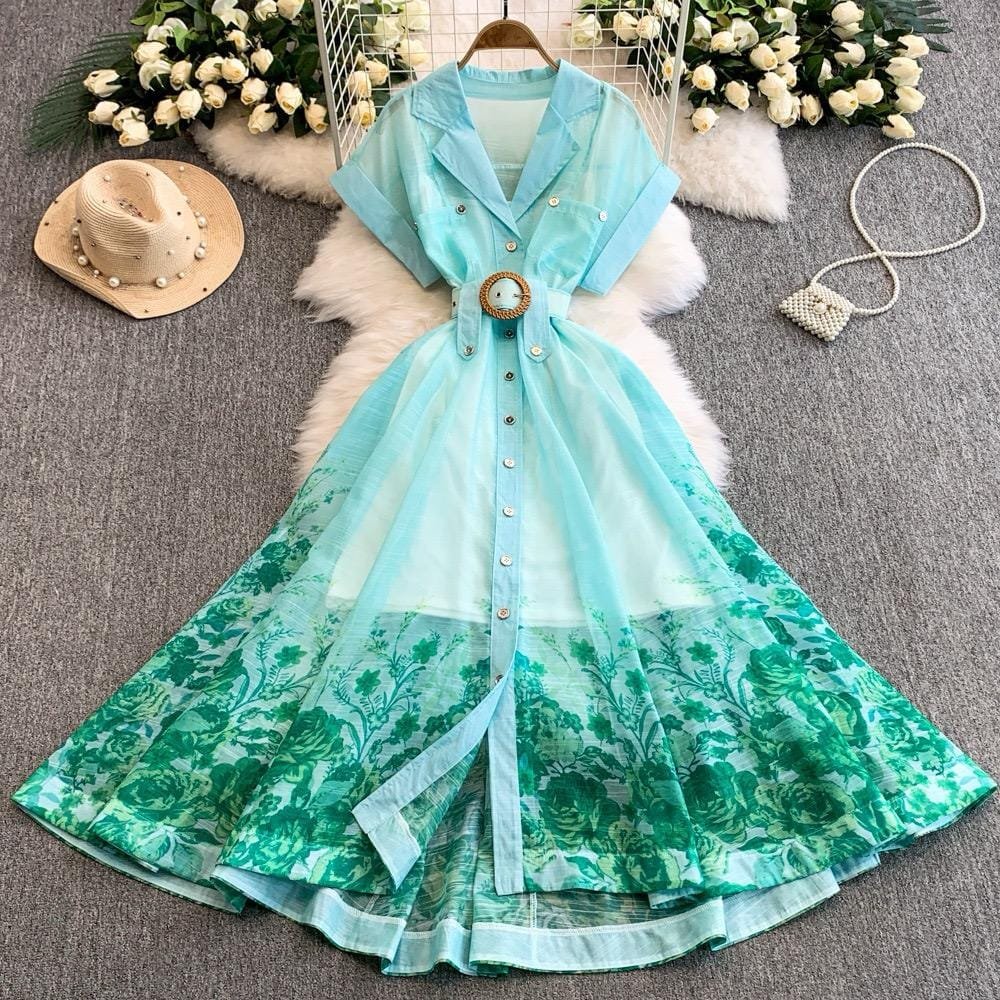 Miley Floral Printed A-Line Dress - Turquoise image