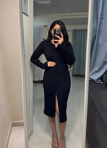 Knit Button Down Dress - Black image