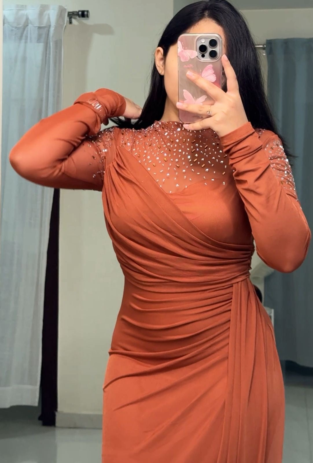 Timmy Ruched Mesh Sleeved Gown