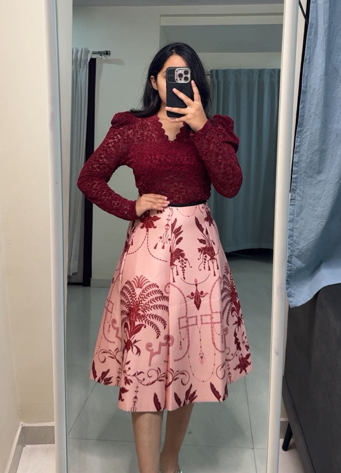 Diti Floral Printed Scuba Skirts - Brick Red image