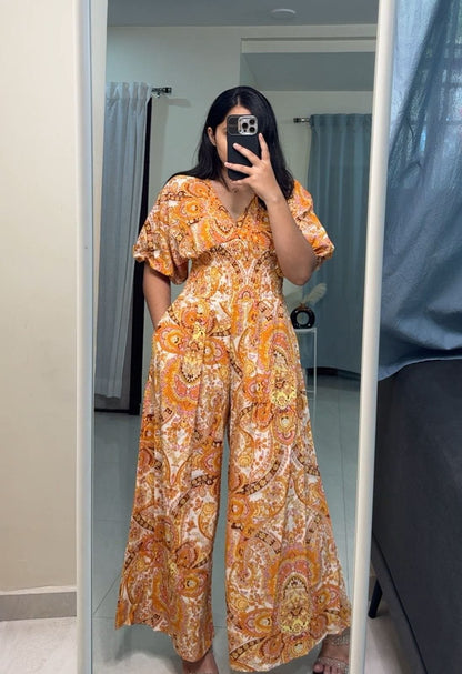 Evie Floral Printed V-Neck Jumpsuits - Mustard image