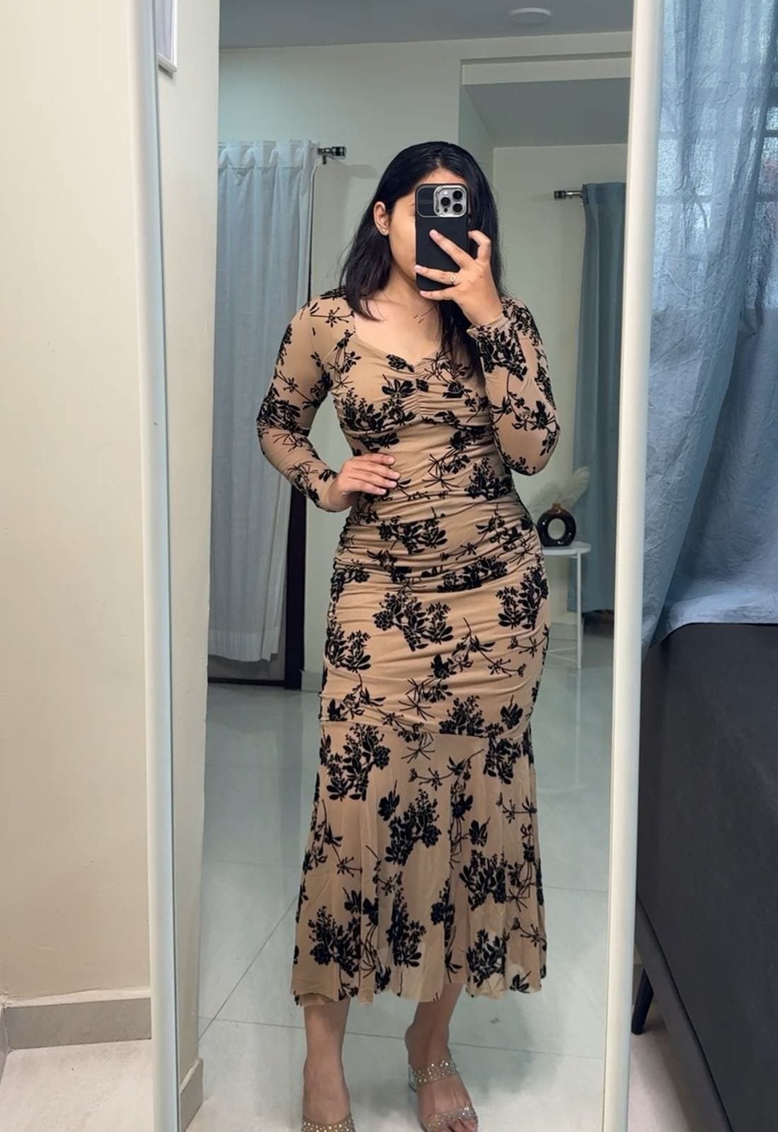 Haze Floral Embossed Mesh Bodycons - Brown image