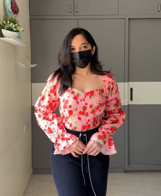 Floral Sweet Heart Neckline Tops