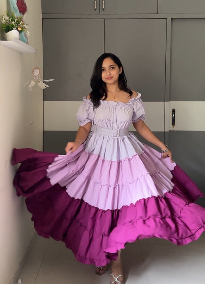 Colorblock Ruffled Off-Shoulder Gown