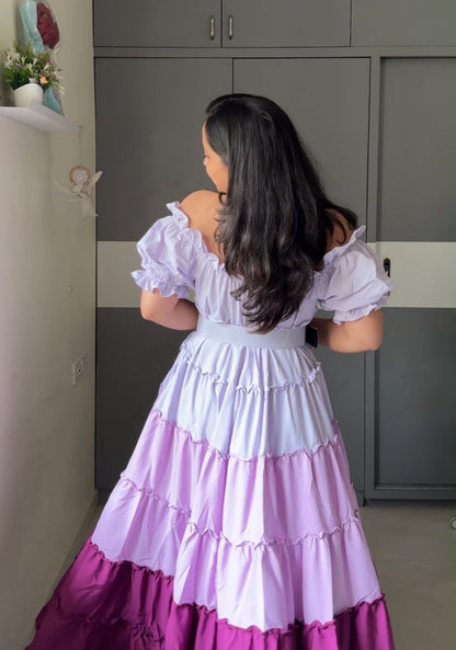 Colorblock Ruffled Off-Shoulder Gown