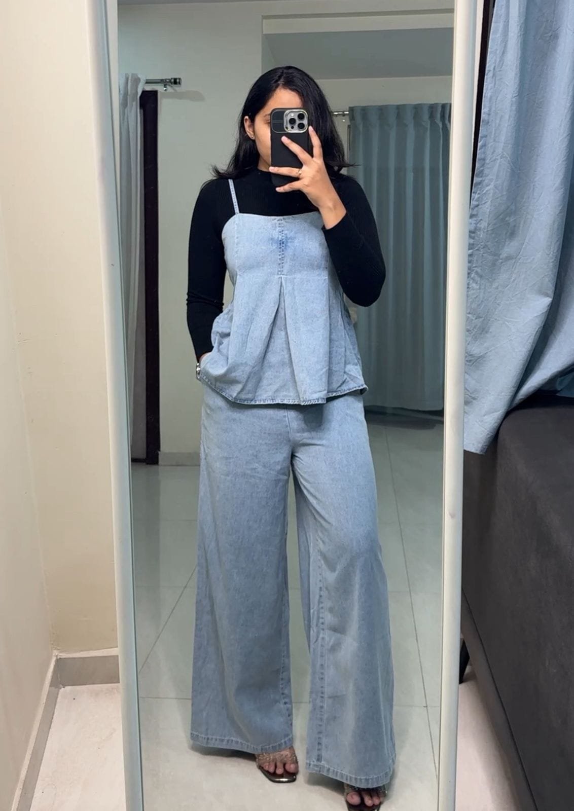 Denim Peplum Top & Wide Leg Pants Set - Light Blue image