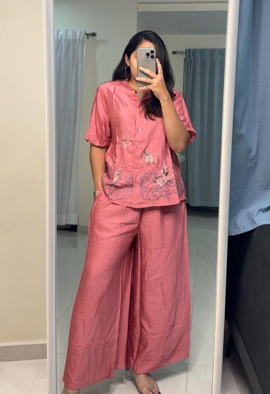 Erica Silk Embroidered Co-Ords - Pink image