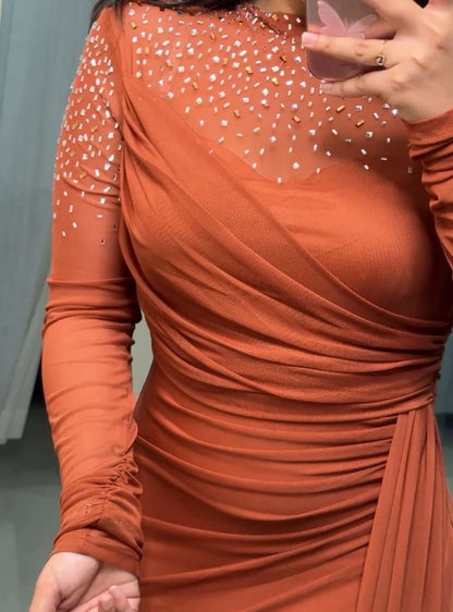 Timmy Ruched Mesh Sleeved Gown