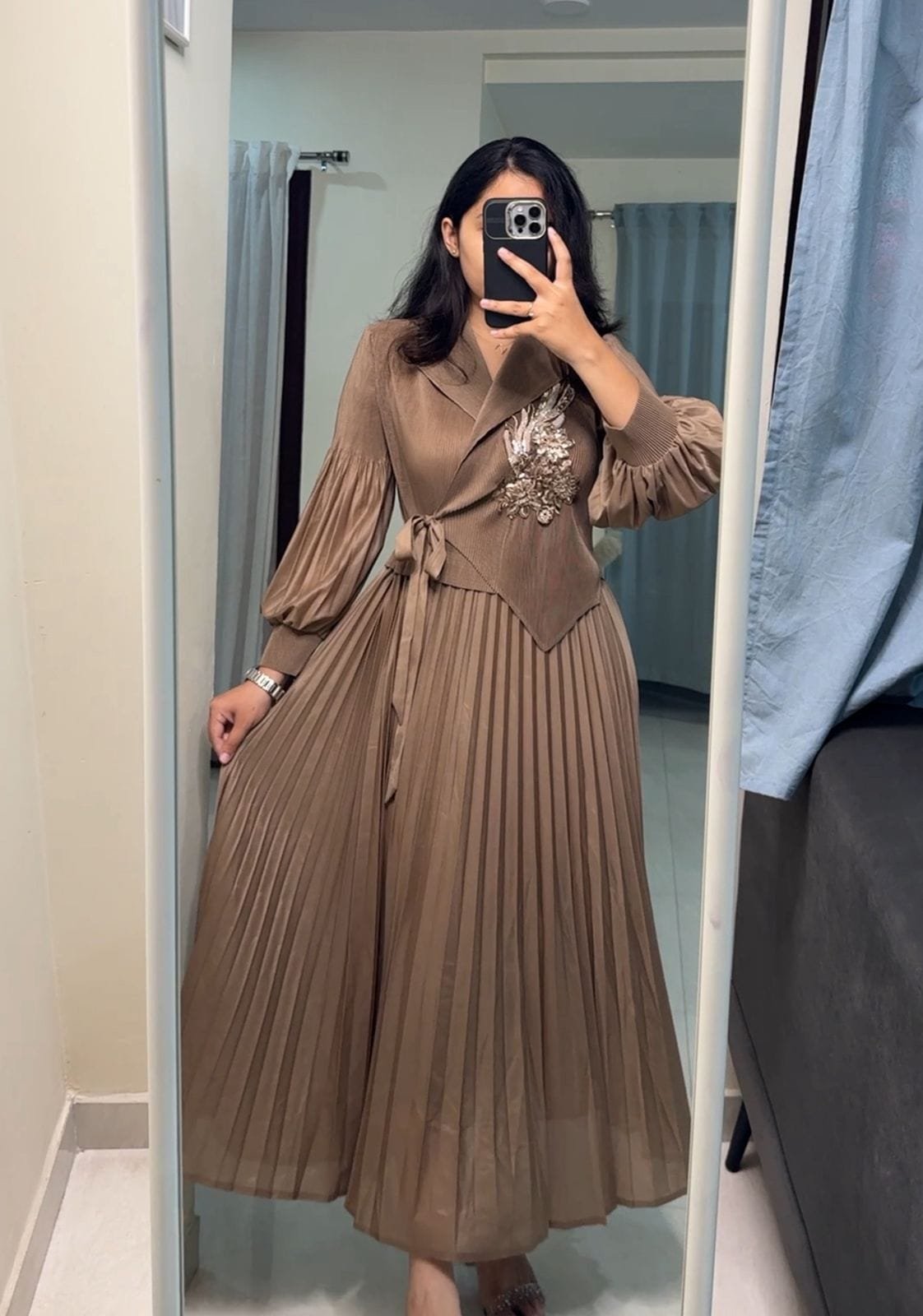 Serene Grace Pleated Patchwork Dress - Light Brown image